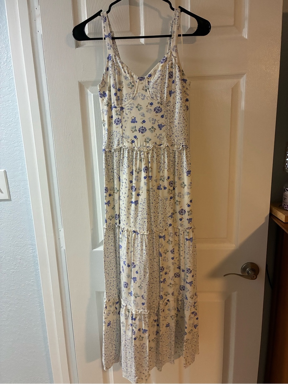 Cream Maxi Dress with Blue Floral Print and Tiered Skirt